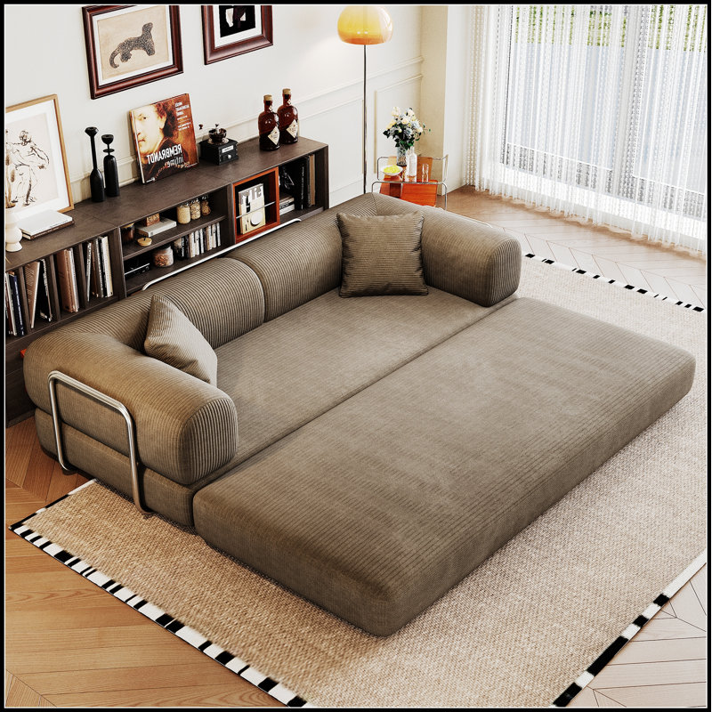 78.8 Inch Compression Sofa, Convertible Floor Sofa Bed With Pillow, Back Support, Armrests, Comfy Futon Couch Sleeper, Corduroy Fabric For Living Room And Bedroom