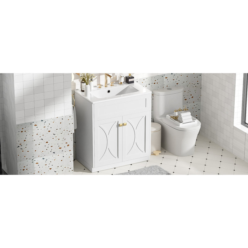 30'' Bathroom Vanity With Ceramic Sink Combo, Gold Handles, Soft Closing Doors, White