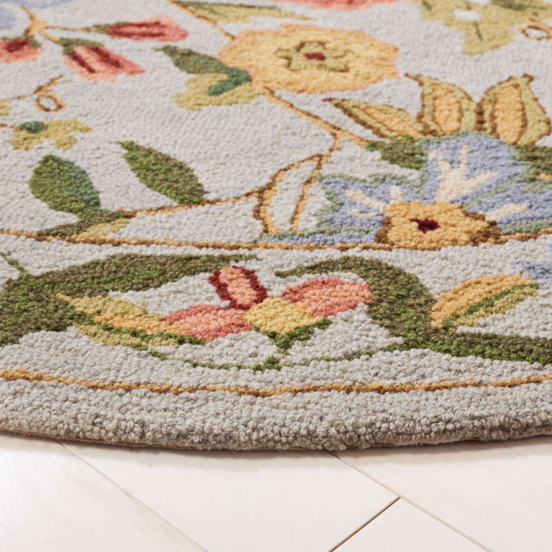 Tapis en laine bouclé / crocheté à la main à motif floral Sapin beige / vert / rouge, Rond 5 pi 6 po