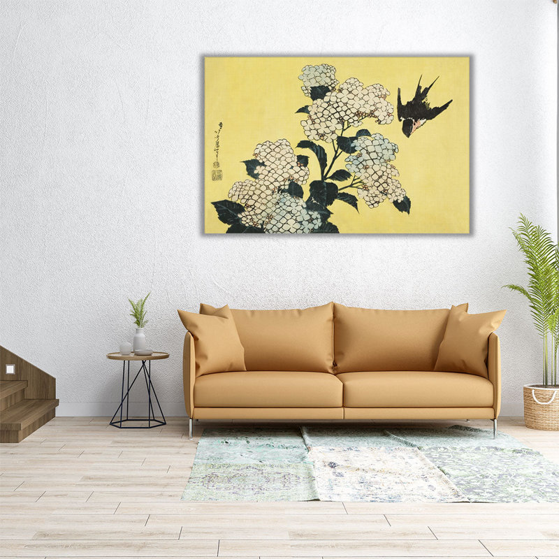 Hortensia et hirondelle, 1832 - reproduction d'art sur toile, H 32 po x l 48 po