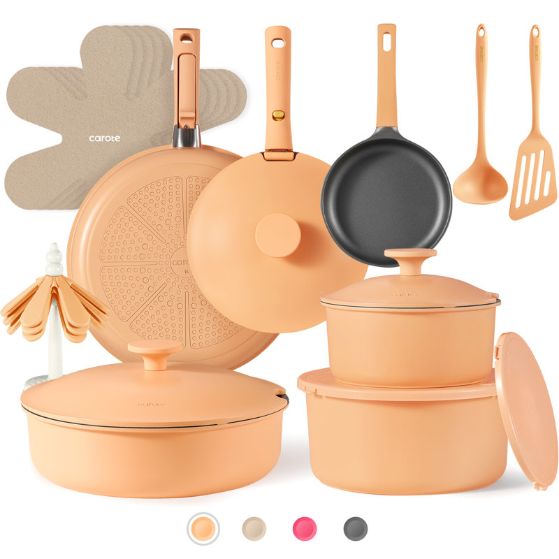 Batterie de cuisine antiadhésive Carote-24 pièces avec poignées amovibles, va au lave-vaisselle, orange