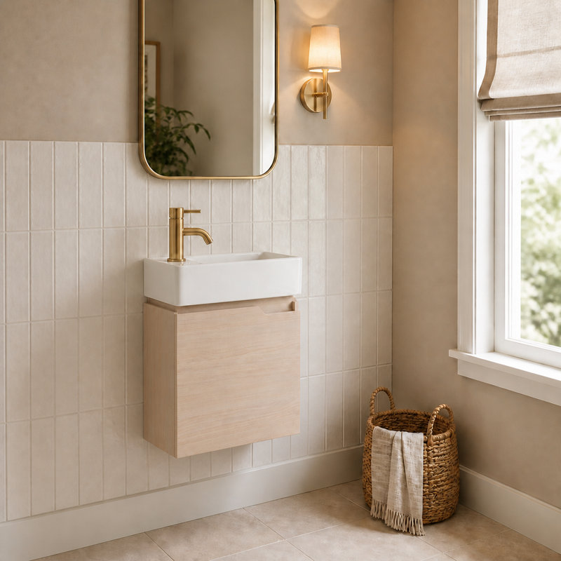 Meuble-lavabo suspendu de 45,7 cm (18 po) avec lavabo en céramique, armoire à une porte en bois clair pour salle d'eau