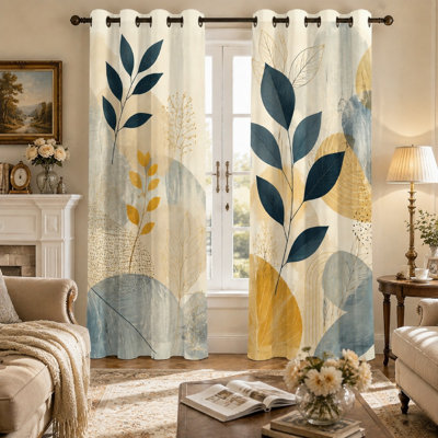 Ensemble de 2 rideaux à imprimé botanique abstrait, motif de feuilles modernes du milieu du siècle, occultants, texture fluide et luxueuse, parfaits pour la décoration du salon et de la chambre à coucher.