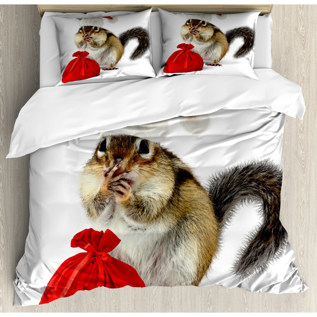 Bettbezug Set, Chipmunk in Sankt-Hut, Weihnachten, Pale Gelb Weiß Rot