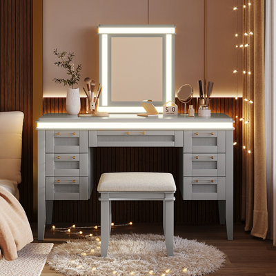 48" Vanity Desk with Mirror and Lights, Makeup Vanity with 7 Drawers and Cushioned Stool, Classic Beige Finish Dressing Table with Hollow Design Drawer