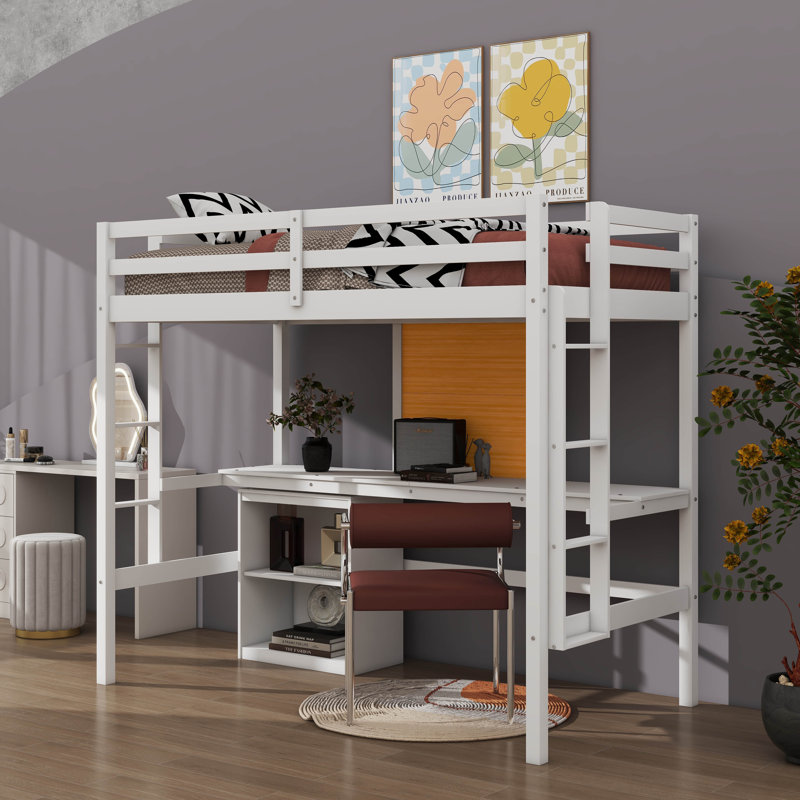 Loft Bed With Desk, Loft Bed With 2 Tier Drawers Cabinet And Writing Board, 2 Built-In Ladders, Twin, White