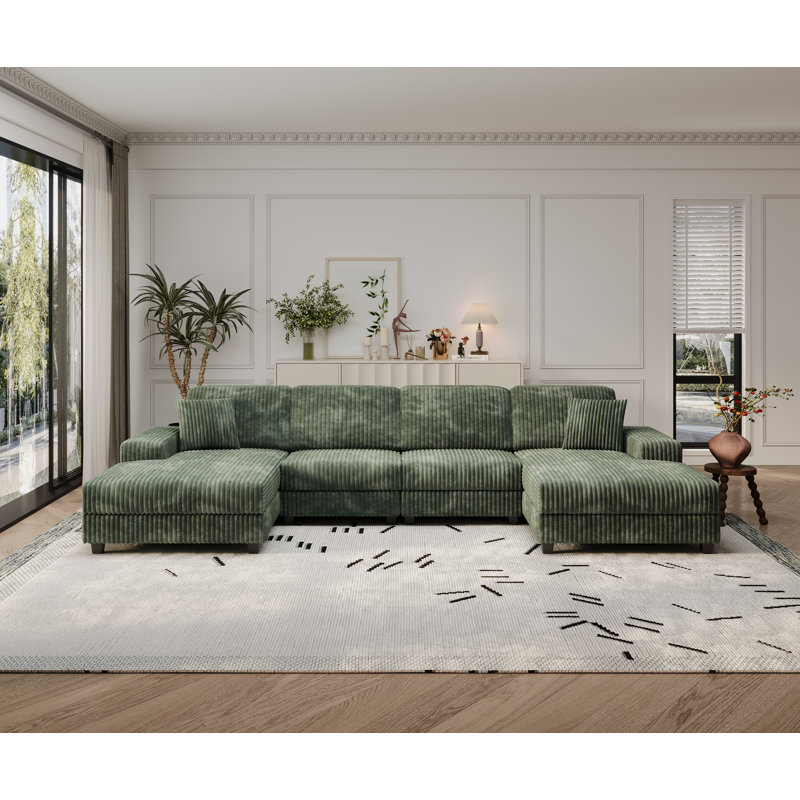 Corduroy 4-Seater U-Shaped Symmetrical Sectional Sofa, Green Corduroy