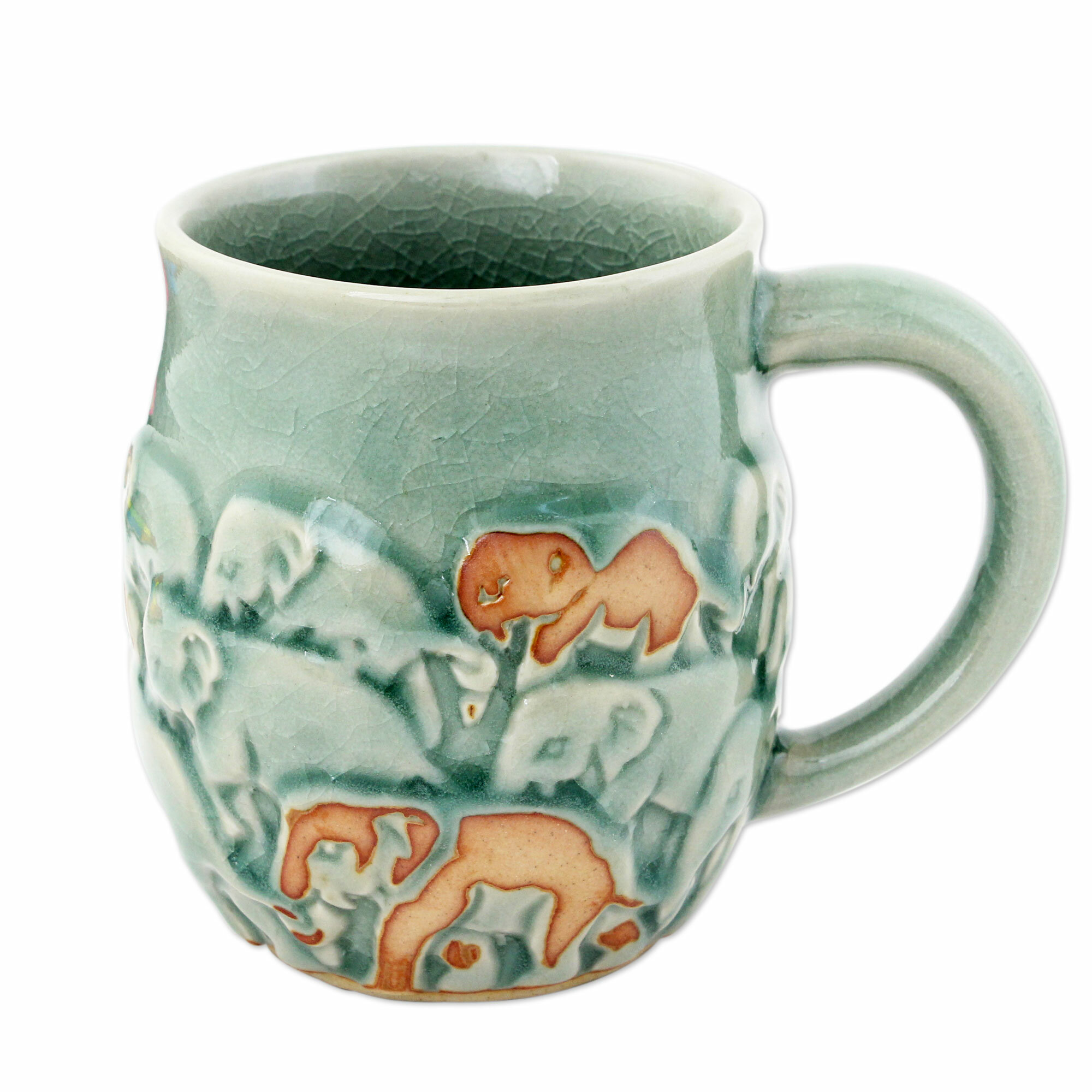 Celadon Ceramic Elephant Mug in Green from Thailand (10 oz