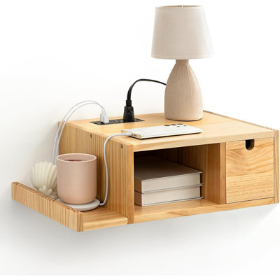 Floating Nightstand With Charging Station, Wall Mount Night Stand With Drawer Hanging Bedside Table End Table, Solid Wood Modern Side Table Shelf For Bedroom Natural Wooden Decor