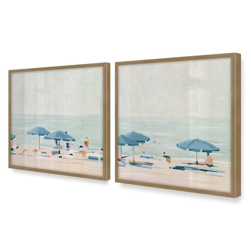 Ensemble de 2 impressions sur toile argentées 12 "x 12" Seaside, Cadre doré brossé, H 13,5 po x l 25,5 po x P 1,25 po