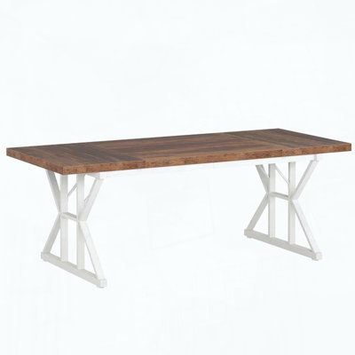 Farmhouse Dining Table with White Trestle Base and Vintage Top