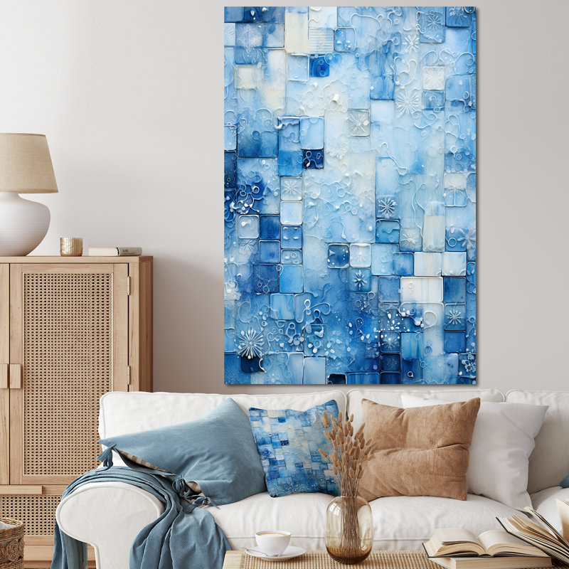 Carreaux botaniques bleus et blancs V - art mural abstrait, Toile tendue, H 60 po x l 40 po x P 1,5 po