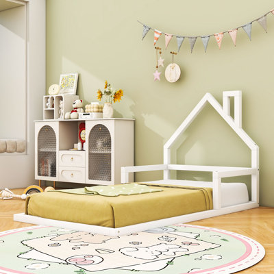 Wood Floor Bed With Playful House-Shaped Headboard And Slats