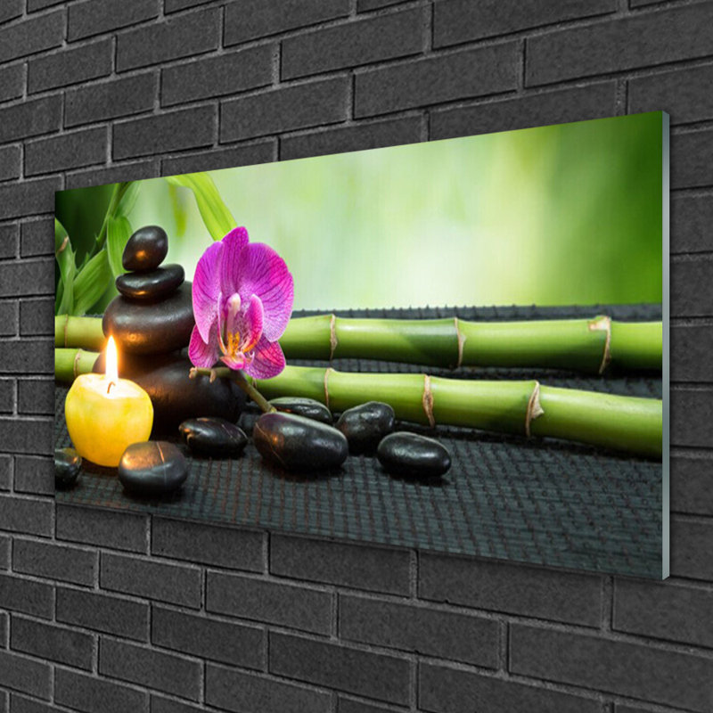 Art Bamboo Flower Stones Candle - No Frame Print on Glass