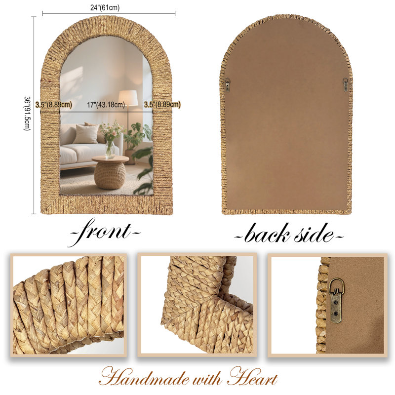Natural Hand-woven Straw Rope Arched Wall Mirror with Rustic Decorative Mirrors for Livingroom,Hallway,Bedroom, Vertical