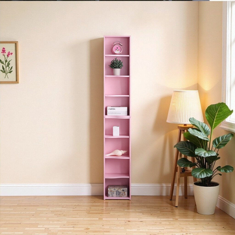 8-Tier Adjustable Shelf Bookcase With Wavy Border Design, Pink