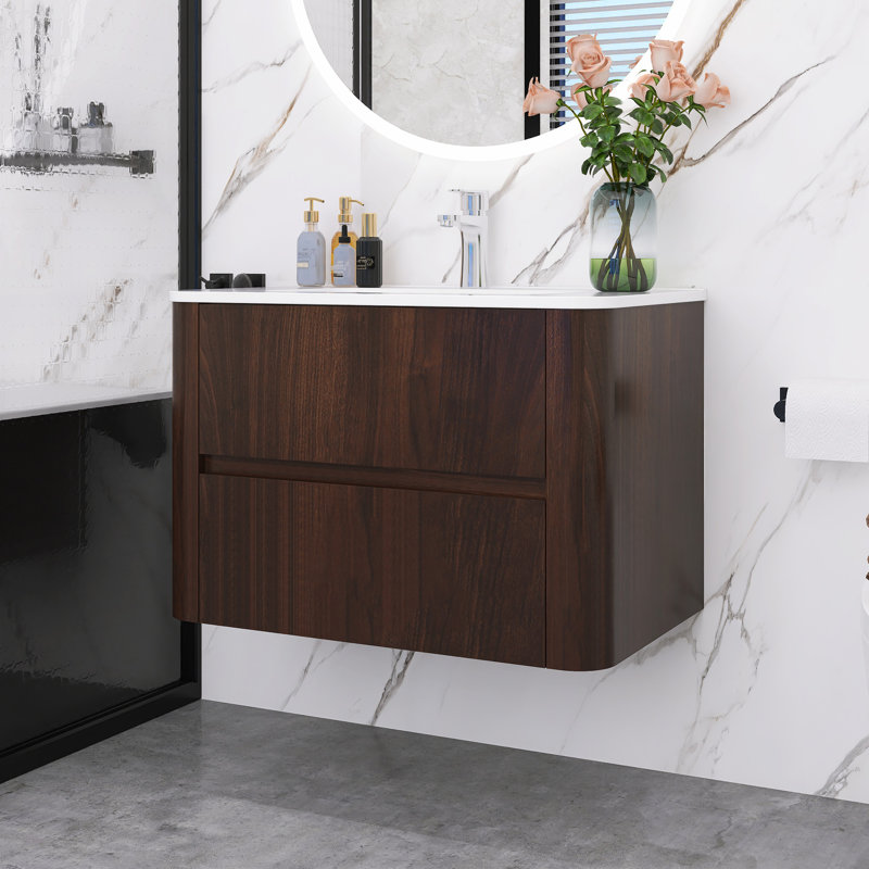 30-Inch Modern Dark Walnut Wall-Mount Bathroom Vanity With Ceramic Sink And Two Drawers