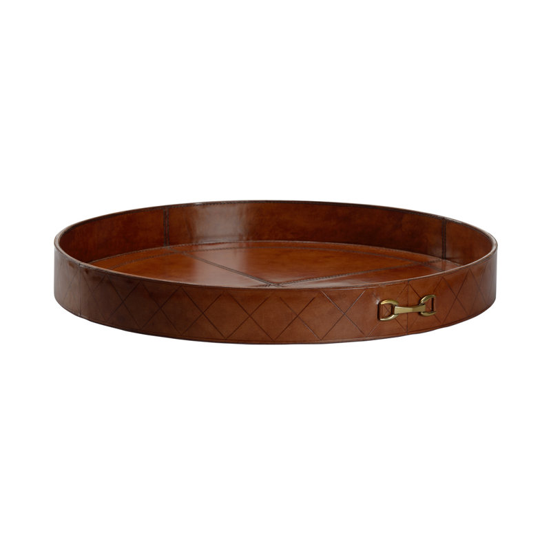 Leather Round Tray With Metal, 2.5" H x 22" W x 21" D