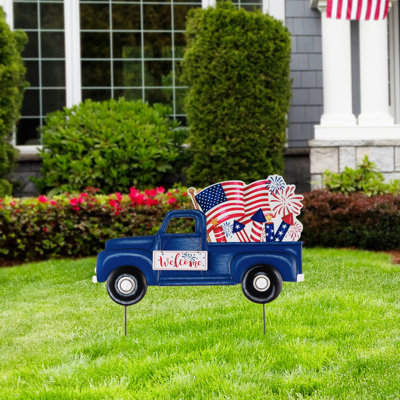 23.5" Americana Metal Truck – 2-in-1 Yard Stake / Wall Décor with Knock-Down Design