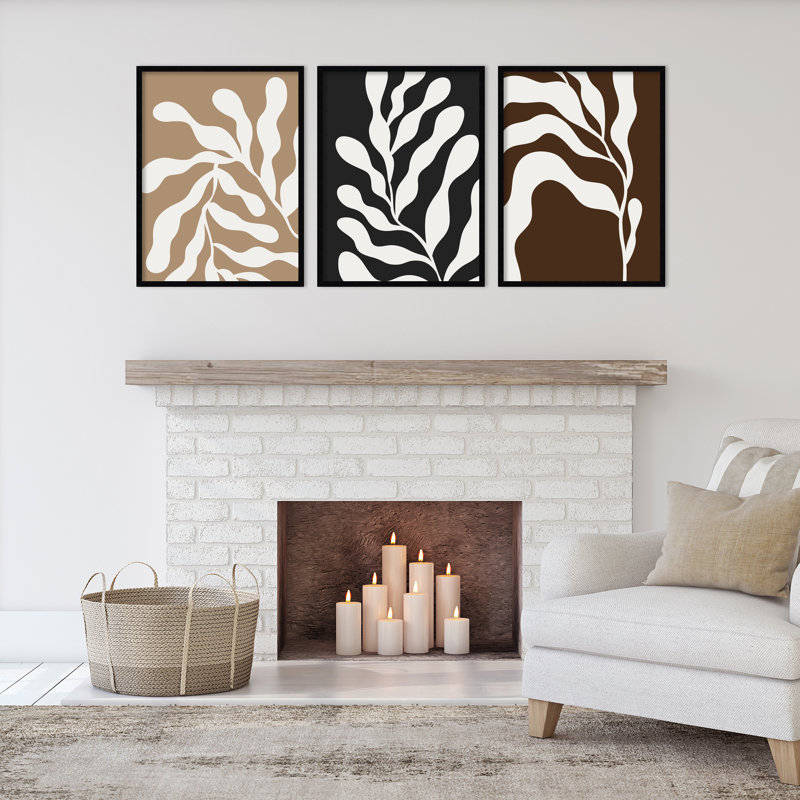 Retro Matisse Inspired Abstract Botanical - 3 Pieces by Erminia, 80" W x 33" H, Black