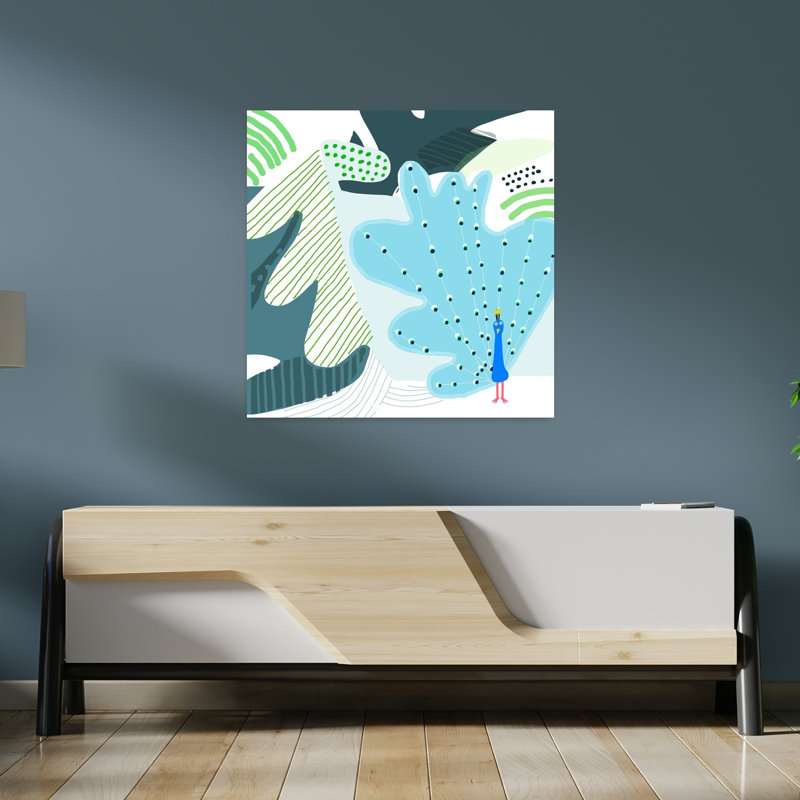 Playful Blue Peacock Abstract Modern Playful Bird Nature Wall Art Print by Carla Daly - Wrapped Canvas Print