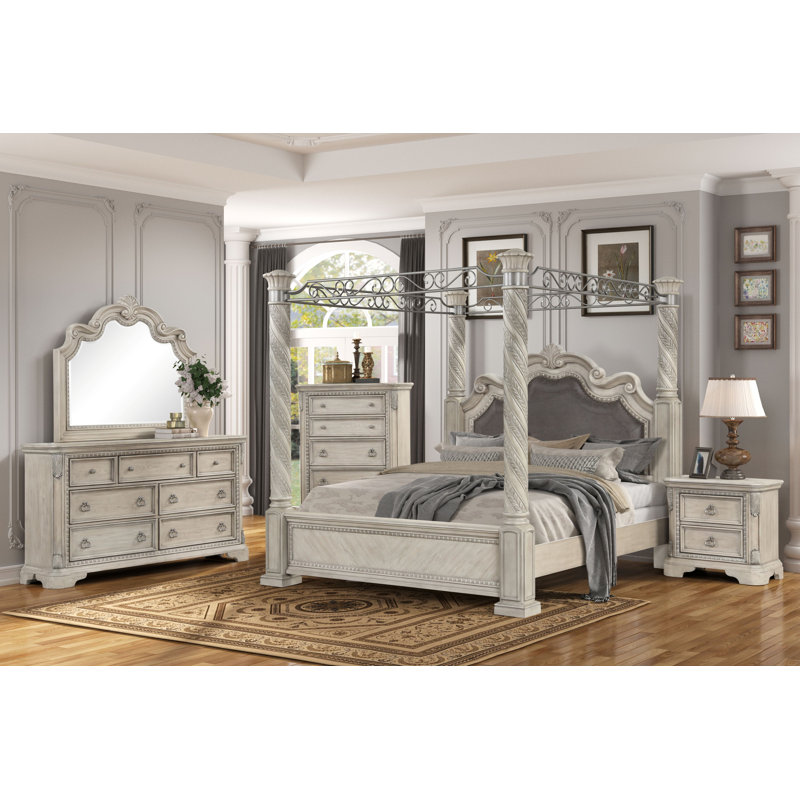 Gudino Canopy Bed – Gray Panel, Pecan Veneers, Traditional Wood Poster Bed, King 