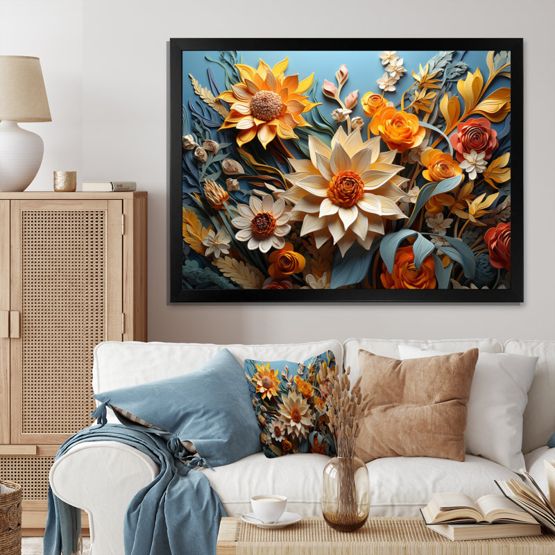 Tournesol jaune, bleu, tournesol, symphonie, H 24 po x l 32 po x P 1 po, Cadre simple noir