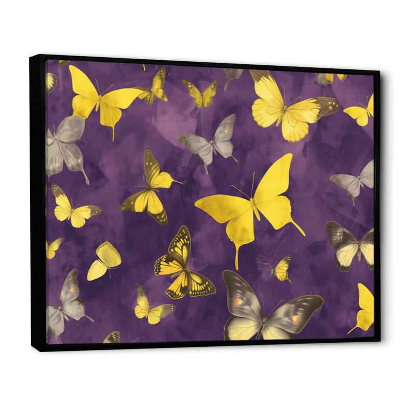 Papillon jaune et mauve, Cadre flottant noir, H 24 po x l 32 po x P 1 po
