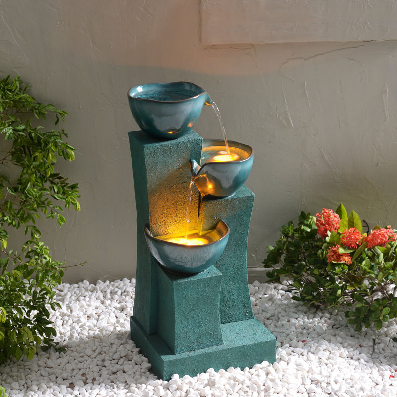 Jeany 28.54" Outdoor Water Fountain with LED Lights, Green