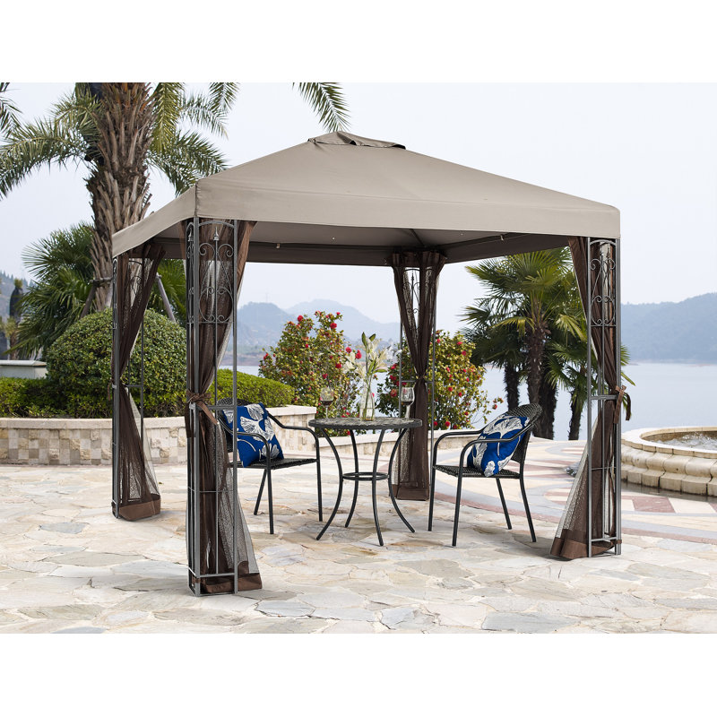 Beige Steel 8' x 8' Patio Gazebo with Mosquito Net