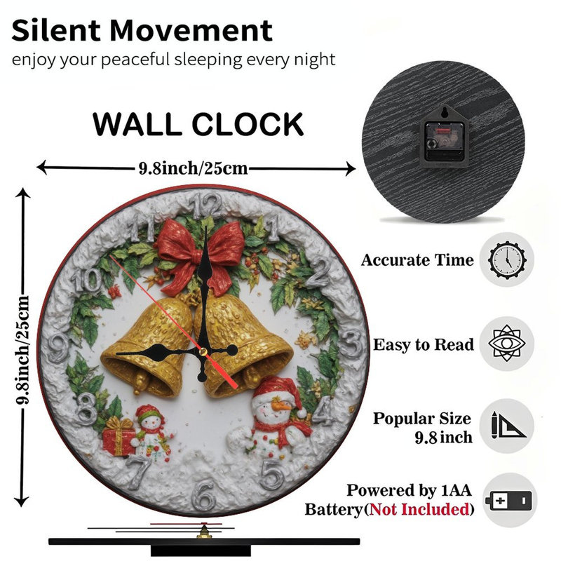 Horloge de Noël-cloches-bonhommes de neige-houx