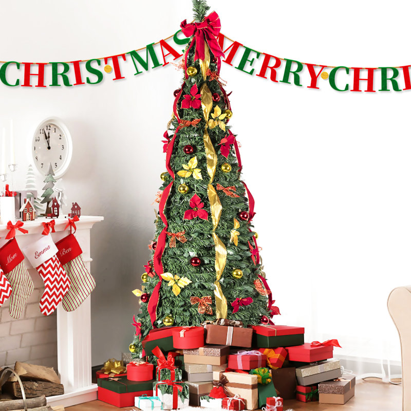 Arbre de Noël escamotable de 6 pi avec 150 lumières blanches chaudes et 66 accessoires festifs, décor rapide pour les maisons compactes décorant de petits dortoirs