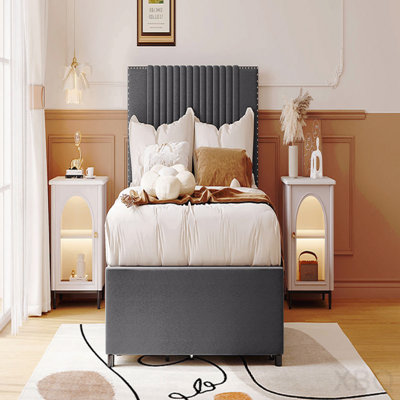 Full Size Upholstered Platform Bed With 2 Drawers And 1 Twin Size Trundle, Classic Headboard Design, Gray