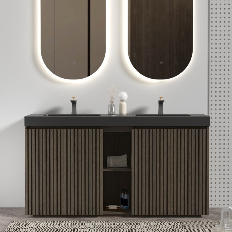 Meuble-lavabo autoportant en chêne fumé avec lavabo GALAN60F, Noir