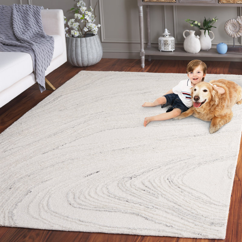Tapis abstrait en laine / coton touffeté à la main en ivoire / gris clair Hitha, Rectangle 6 pi x 9 pi