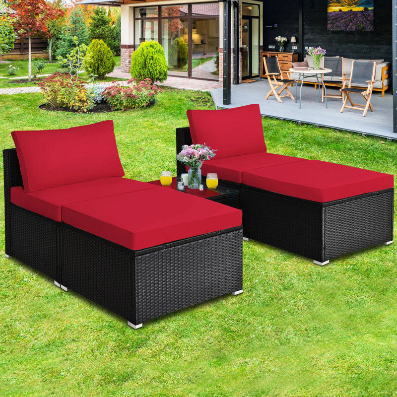 Ensemble de meubles de patio en rotin et osier 5 pièces Lemington, Rouge