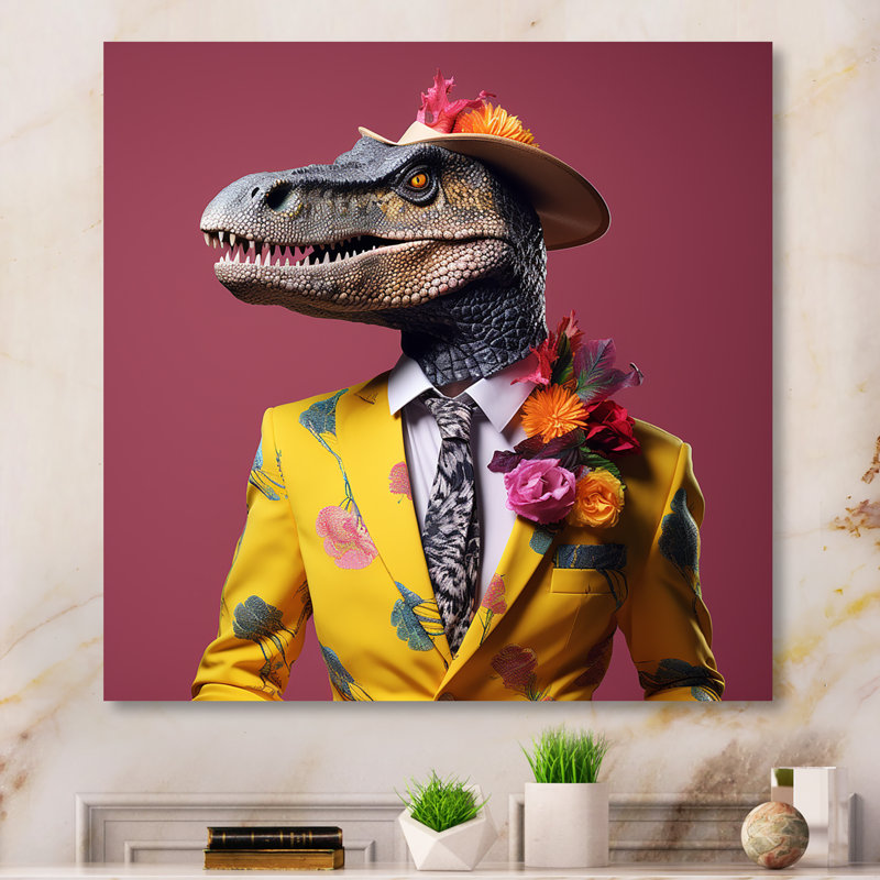 Dinosaure rose et jaune en costume - Art mural dinosaure, H 29 po x l 29 po x P 1,5 po