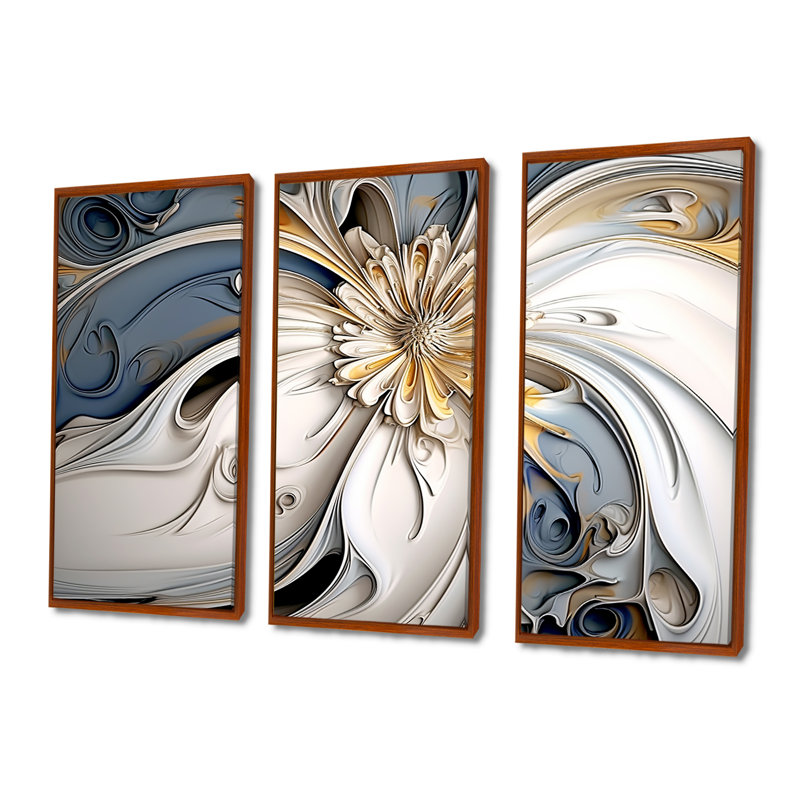 Abstrait fleur flottante blanche - ensemble d'art mural floral moderne, H 28 po x l 36 po x P 1 po, Cadre flottant brun