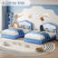 Structure de lit plateforme pleine grandeur avec tête de lit à DEL, tiroir de rangement, lattes de bois robustes, tissu de velours, aucun sommier nécessaire, inspiré de la princesse, pour enfants, filles, garçons, assemblage facile, bleu et blanc-1066947338-1066947340
