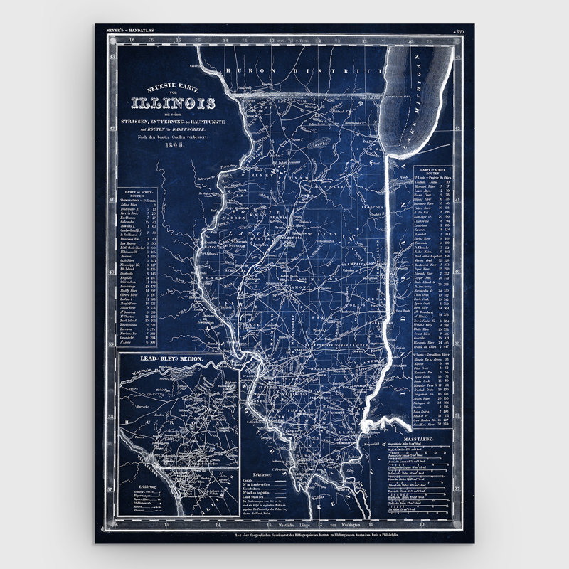 « illinois sketch map », reproduction d’impression sur toile tendue en bleu, H 24 po x l 32 po x P 1,5 po