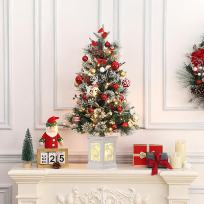Small Christmas Tree Pre-Lit Artificial Christmas Tree with 78 Led Lights, Snow Flocked Xmas Tree with Brown Base, Timer Function, Battery Operated, for Home Decor