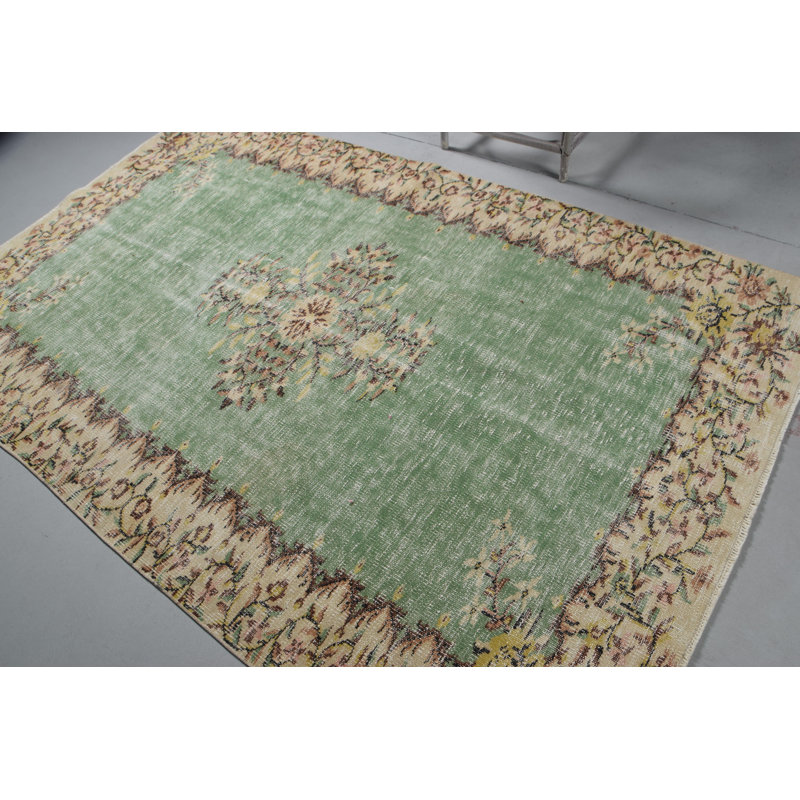Tapis en laine vert turc rétro fait à la main et parfait pour rehausser l'esthétique du salon