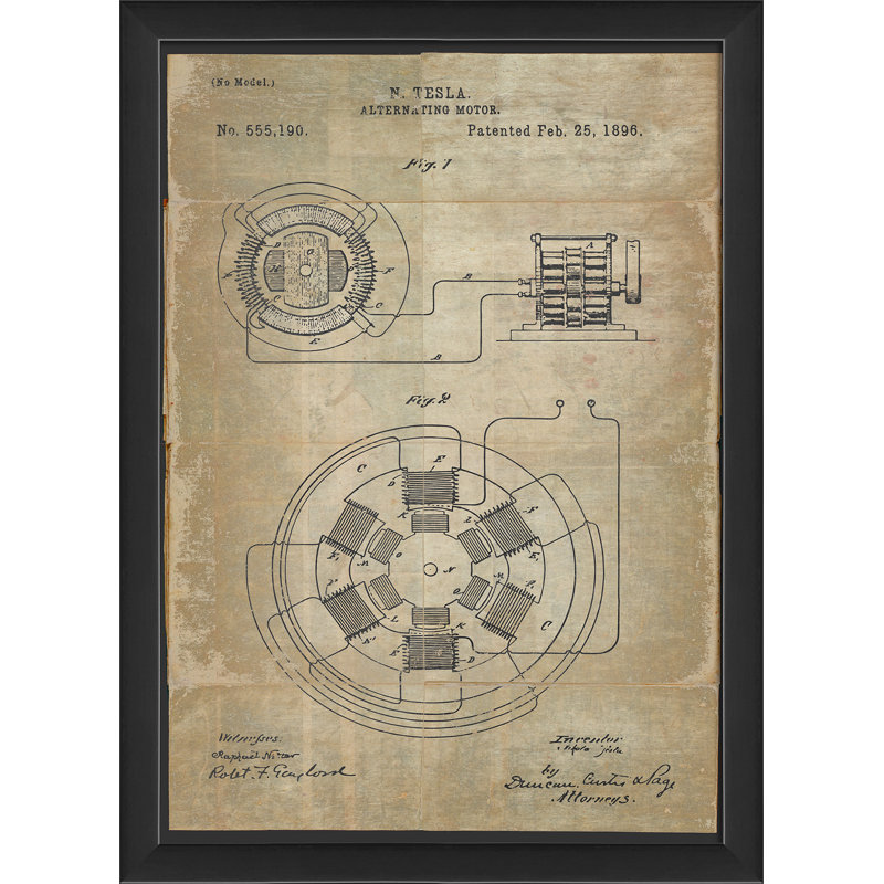 « tesla alternating motor brevet », impression encadrée, Blanc, H 17,13 po x l 12,63 po