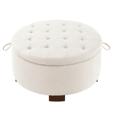 Round Storage Ottoman with Reversible Lid - Boucle Fabric Upholstered Footstool, Hidden Storage Compartment, Wooden Legs, Dual-Purpose Seat & Side Tab