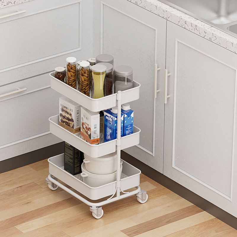 Petit chariot utilitaire roulant en métal à 3 niveaux avec roues silencieuses, organisateur de rangement réglable, blanc