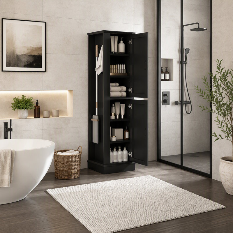 Armoire de rangement autoportante de 68 po de hauteur pour salle de bain, armoire de rangement en panneau de fibres à densité moyenne avec crochets latéraux et tablettes réglables, armoire de rangement pour salle de bain, salle de lavage