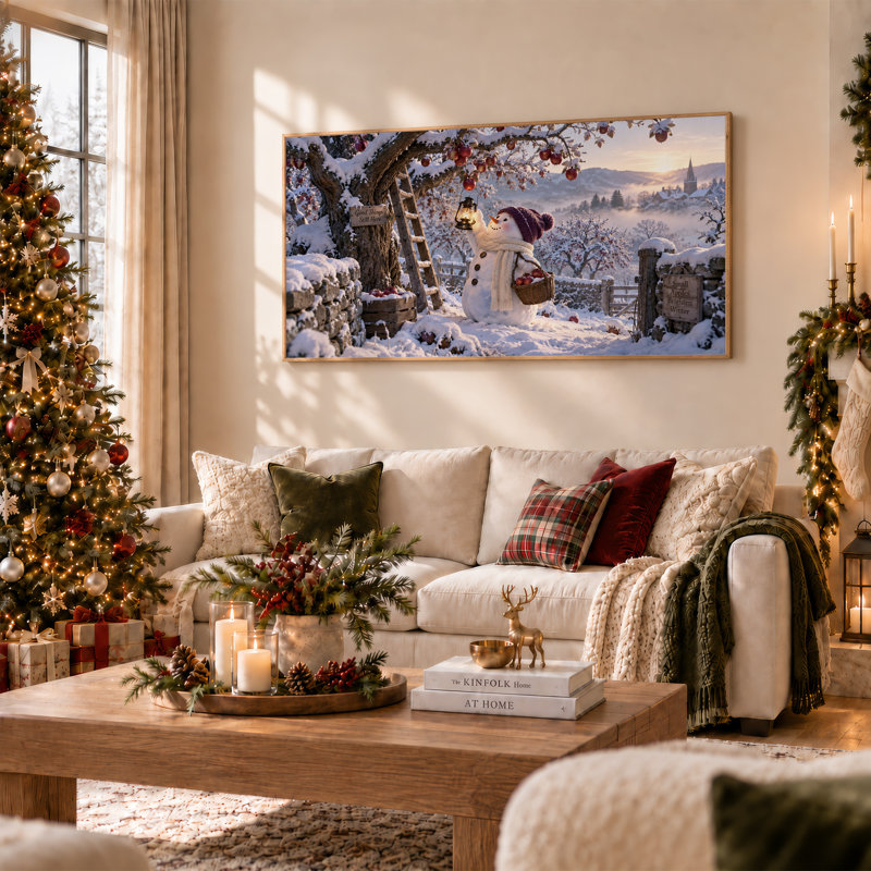 «Snowman» tenant une lanterne dans un verger de pommes enneigées, art mural de Noël, 58“W x 28”H