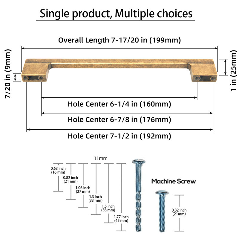 7 9/16"&6 5/16 Centre to Centre Dual Mount Bar Pull Multipack, Distressed Brass