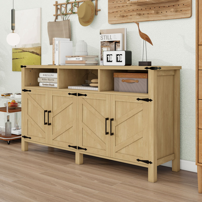 Buffet l 59 po avec armoires avec tablettes réglables et ports de charge, Brun