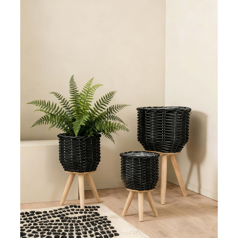 Set Of 3 Poly Rattan Baskets With Rope Texture And Tapered Wooden Legs, L:12X12x23.5" M:10X10x17.5" S:8X8x13.5", Black